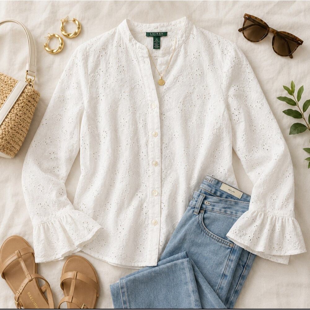 Lauren Ralph Lauren White Eyelet Cotton Button Down Blouse Bell Cuff Size 14